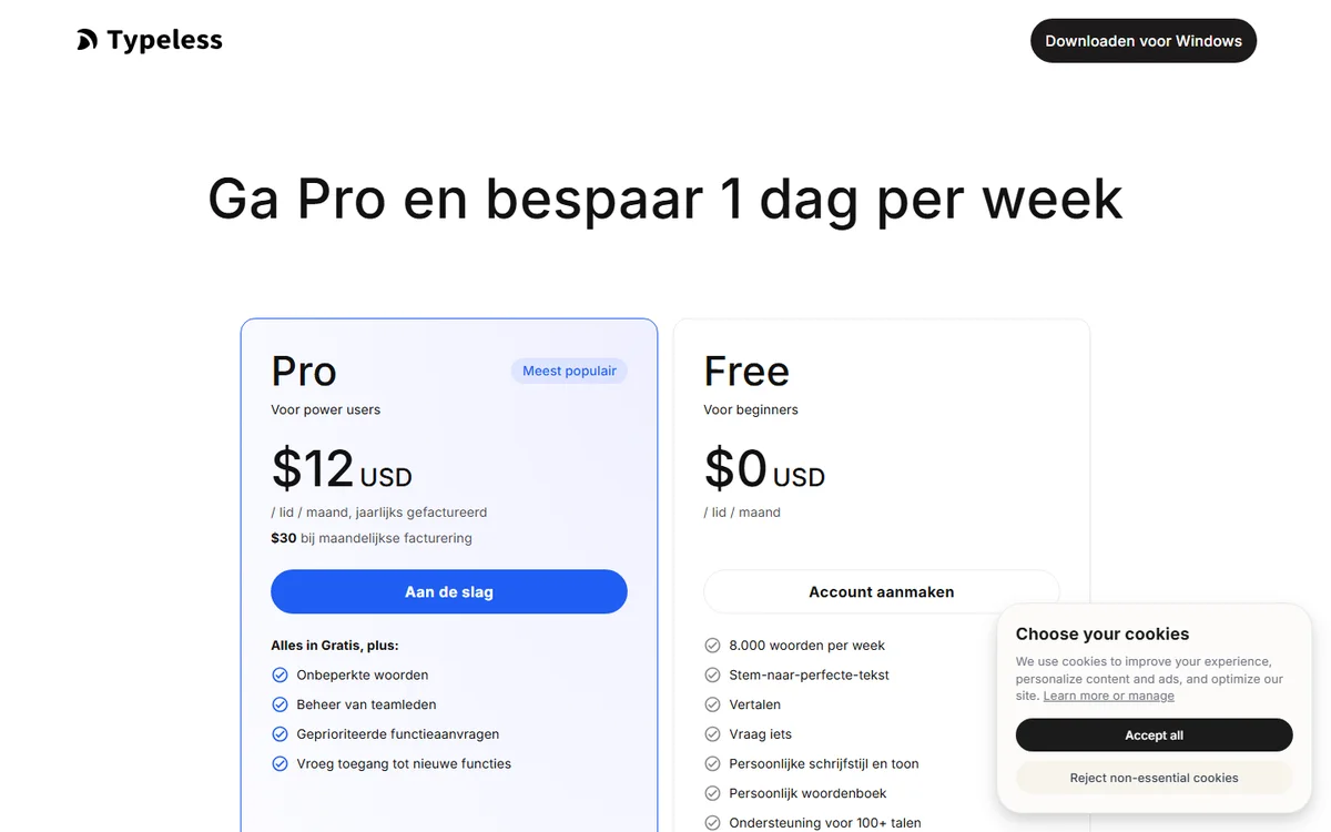 Typeless prijzenpagina met Pro-plan op $12 per maand (jaarlijks) en Free-plan met 8.000 woorden per week
